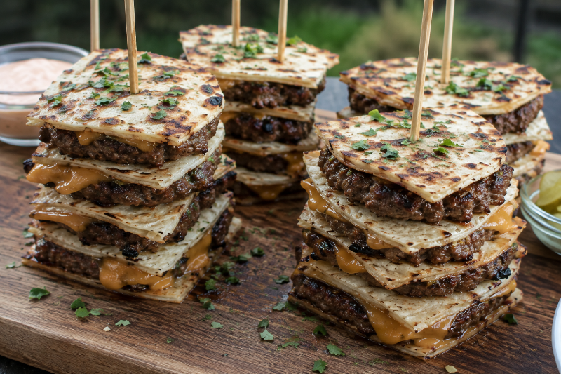 Grilované hovězí špízy s tortillou a sýrem: šťavnatá burgerová věž z grilu