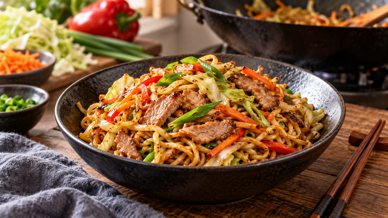 Jak připravit čínské nudle chow mein s masem a zeleninou