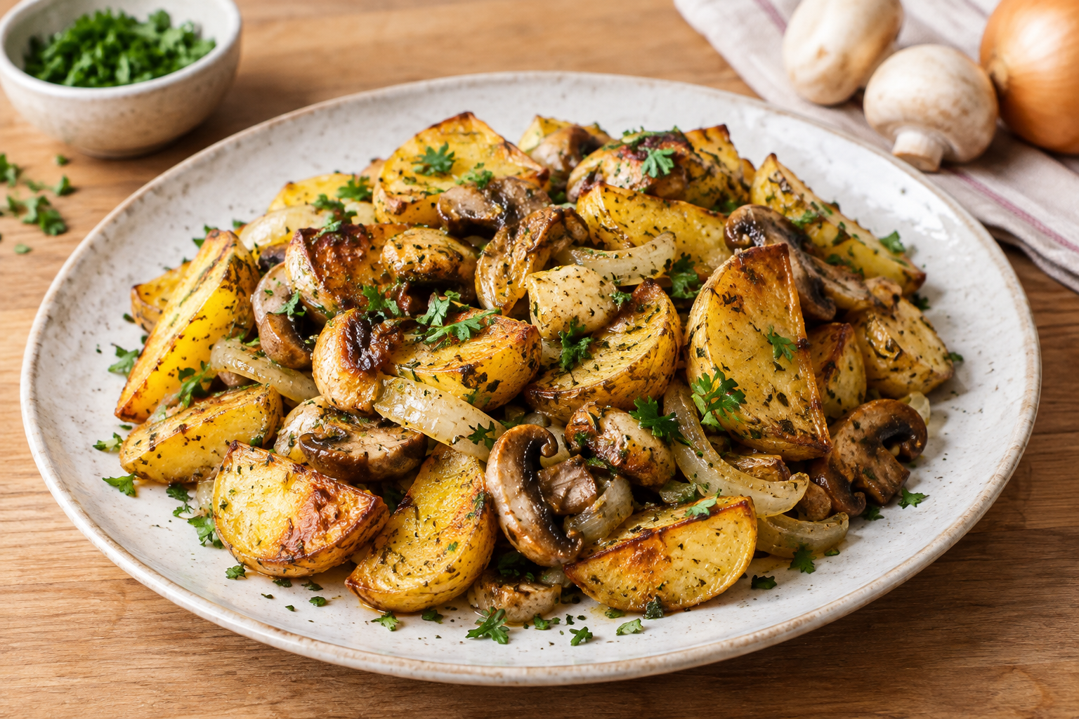 Jak na brambory pečené s cibulí a žampiony: Jednoduchý recept bez masa