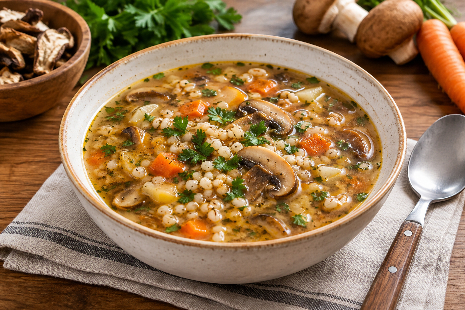 Houbová polévka s kroupami: Vydatný recept se zeleninou