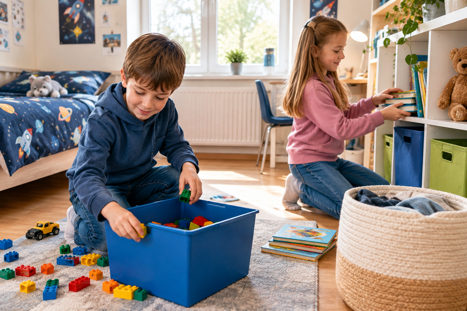 Jak uklidit dětský pokoj po hraní v krátkých a zvládnutelných krocích (pro děti ve věku 6–9 let)